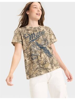 Miller High Life Graphic Camo Tee NWOT Tan with Navy Print Size Large